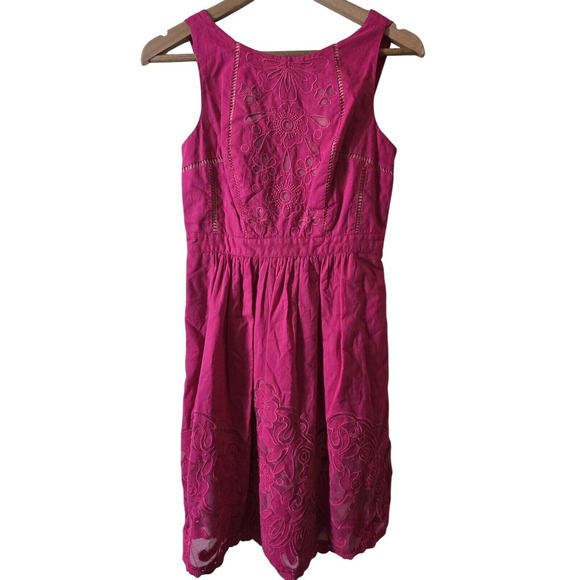 Moulinette Soeurs Anthropologie Size 2 Hot Pink Lace Overlay A-Line‎ Dress - Picture 1 of 7